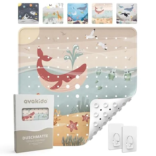 avakido® Duschmatte rutschfest Kinder - 100% BPA frei Inklusive 2 Haken zum Trocknen - Antirutschmatte, Duscheinlage - schimmelresistent & maschinenwaschbar