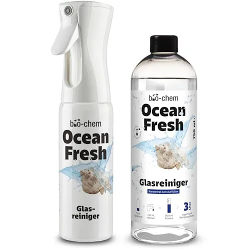 bio-chem Ocean Fresh Glasreiniger Konzentrat | Hochglanz-Reiniger mit maritimem Frischeduft - Hochglanz-Reiniger für streifenfreie Glasflächen und Küchenfronten. Das Konzentrat ergibt bis zu 3 Liter Reinigungslösung und sorgt für ein angenehmes Raumgefühl mit erfrischendem Duft. Ideal für regelmäßige Anwendung in Haushalt und Gewerbe.