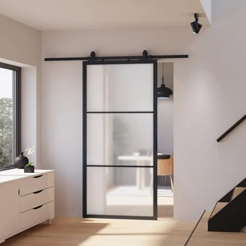 inova Glas-Schiebetür Komplettset satiniert 880x2035mm Industriestil schwarz offene Laufschiene beidseitiger Softclose