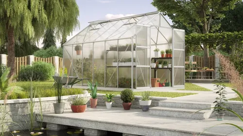 Vitavia Gewächshaus Uranus 9900 mit Zubehör, 9,9 m² - Das Gewächshaus »Uranus 9900« von VITAVIA bietet mit 6 mm Wandstärke und 9,9 m² Fläche optimale Bedingungen für Pflanzen. Inkl. Fundamentrahmen und Tropfschlauchausrüstung für eine einfache Bewässerung.