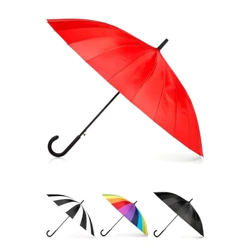 totes Großer Eco Auto-Open Regenschirm mit 24 Rippen und klassischem J-Haken, gebogenem Griff und wasserabweisendem Material, Rot/Ausflug, einfarbig (Getaway Solids), Einheitsgröße, Regenschirm für