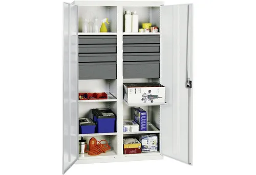 Stumpf Werkzeug- und Materialschrank Serie 3000 lichtgrau mit 8 Schubladen - Robuster Werkzeug- und Materialschrank mit stabiler, pulverbeschichteter Konstruktion. 8 Schubladen und 6 höhenverstellbare Wannenböden bieten viel Stauraum für Ihre Werkzeuge. Ideal für gewerbliche Lagerung.