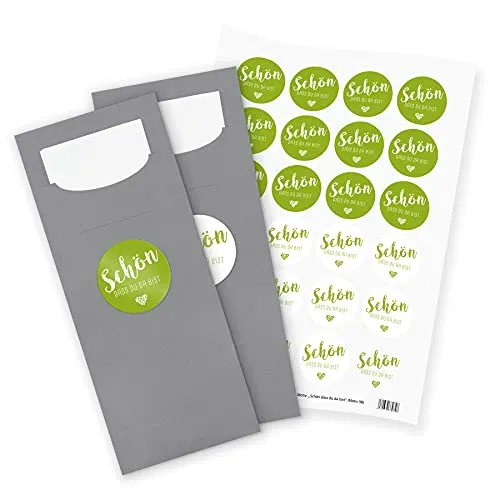 itenga 24x Bestecktaschen GRAU Schön dass du da bist grün Pochetten inkl. Serviette und Sticker Aufkleber Tischdeko Einweggeschirr