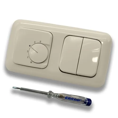 Halmburger UP Raumthermostat Raumtemperaturregler RTR-76cg in Busch Jäger DURO2000 cremeweiß Rahmen 2512-212 + Serienschalter 2000/5 US inkl. EBROM Phasenprüfer zur Montage der Geräte RTR-76 (cg)