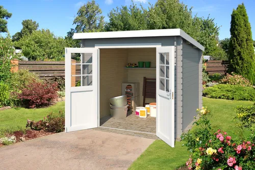 Gartenhaus Blockhaus Pultdach 28 mm Indi 230 grau 250x250 cm - Gartenhaus aus 28 mm Blockbohlen mit abschließbarer Doppeltür, ideal für sichere Aufbewahrung im Garten und als zusätzlicher Raum für Hobby oder Freizeit.
