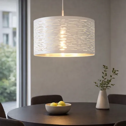 Elegante Hängelampe in Weiß mit Chrom-Akzenten - Moderne Pendelleuchte für Esszimmer und Wohnzimmer, Ø 38cm, Höhe 120cm, mit reflektierendem Kunststoffschirm für stimmungsvolles Licht, E27 Fassung für individuelle Lichtgestaltung.