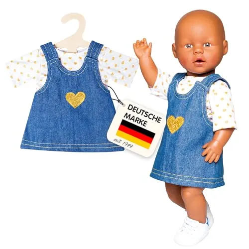 Heless 2052 - Bekleidungs-Set für Puppen im Design Goldstück, 2 teilig mit Jeans-Trägerkleid und T-Shirt, Größe 35 - 45 cm