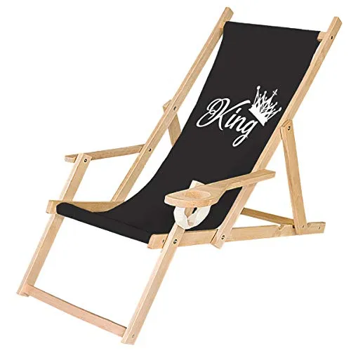 Ferocity Holz-Liegestuhl Klappbar Klappliegestuhl mit Armlehne und Getränkehalter Strandstuhl Motiv Schwarz King [119]