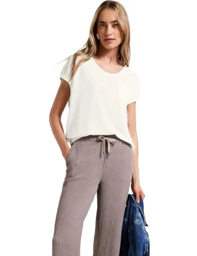 STREET ONE Damen T-Shirt, Gr. 36, weiß - Casual Shirts mit V-Ausschnitt und hüftbedeckendem Schnitt. Aus elastischem Jersey für hohen Tragekomfort und im modischen Leinen-Look mit Brusttasche.