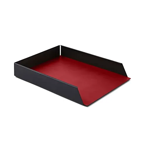 Eglooh - Moire - Ablagefächer Stapelbar für Schreibtisch und Büro mit Struktur aus schwarzem Stahl - Innerer Boden aus Leder Hellrot - DIN A4 cm 32,5 x 24,2 x H.5 - Made in Italy