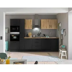 Küchenblock mit E-Geräten CORNWALL III - braun - Küchenzeile mit integriertem Backofen, Geschirrspüler und Mikrowelle, ideal für moderne Küchen und platzsparend.