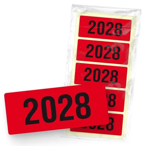 itenga 50x Jahresetiketten Ordner Inhaltsschild Jahreszahl I Aufkleber für Akten selbstklebend aus Haftpapier Rechteckig 6x2,5cm (Kalenderjahr 2028 rot)