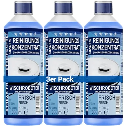 3x 1000ml Wischroboter Reinigungsmittel Konzentrat - Streifenfrei & schaumarm - Bodenreiniger für alle wasserbeständigen Böden, mit extra frischem Duft und ergiebigem Konzentrat für bis zu 21 Liter Reinigungslösung.