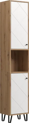 trendteam Touch Bad Hochschrank Weiß/Eiche Nachbildung - Badezimmerschrank im skandinavischen Design, mit offenem Fach und 4 geschlossenen Fächern für optimalen Stauraum. Ideal für ein gemütliches Badezimmer!