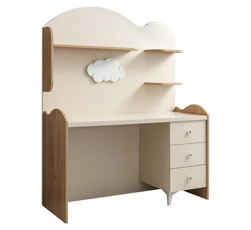 Moderner Beigefarbener Schreibtisch aus Holz für Home Office - Eleganter Computertisch aus Holzwerkstoff in Beige, ideal für Ihr Home Office. Mit 3 Schubladen und 3 Regalfächern bietet er praktischen Stauraum und fügt sich stilvoll in jeden Raum ein.