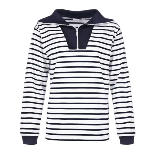 modAS Damen Troyer-Shirt Maritim mit Streifen - Gestreiftes Langarmshirt aus Baumwolle in Weiß-Blau Größe 38