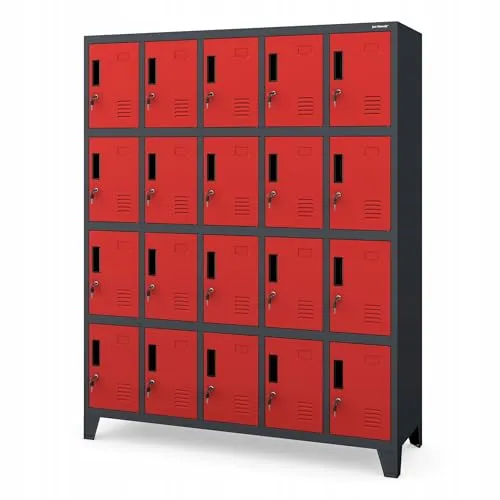 Jan Nowak Umkleideschrank 5B4A mit 20 Fächern - Geräumiger Schließfachschrank mit 20 Fächern in Anthrazit-Rot. Robuste Stahlblech-Konstruktion, ideal für Schulen und Fitnesszentren. Mit integrierter Verriegelung für Sicherheit und Komfort. Maße: 172 cm x 136 cm x 45 cm (H x B x T).