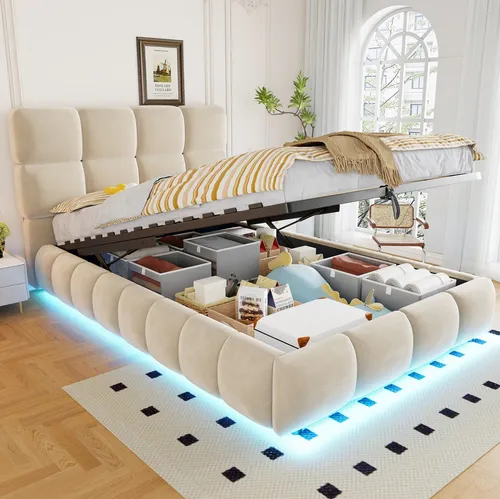 okwish Polsterbett 90×200 mit Lichtleiste und Bettkasten in Beige