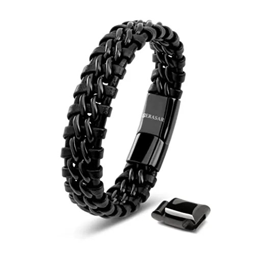 SERASAR Armband Männer 23cm - Elegantes schwarzes Lederarmband - Armbänder für Herren, aus echtem Rindsleder gefertigt, mit poliertem Edelstahl und starkem Magnetverschluss für höchsten Tragekomfort.