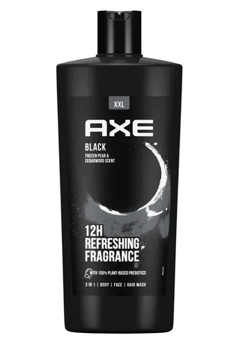 AXE Duschgel XXL Black 3in1 0,7L - Herrenpflege in einer praktischen 0,7L Flasche. Dieses feuchtigkeitsspendende Duschgel reinigt Haut, Haar und Gesicht und bietet einen maskulinen Duft von Bergamotte, Patschuli und Zedernholz.