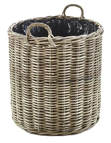 Kobolo Pflanzgefäß rund aus Rattan mit Folie in kubu Grey, Gr. groß: Ø60 cm, 60x60x68 cm, geflochtener Übertopf mit Henkel für Innen- & geschützten Außenbereich, ideal für Terasse oder Balkon
