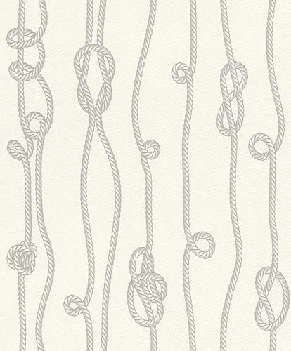 Rasch Tapete 429169 - Maritime Vliestapete in Cremeweiß mit Seilen, Tauen und Knoten in hellem Grau - 10,05m x 0,53m (LxB)