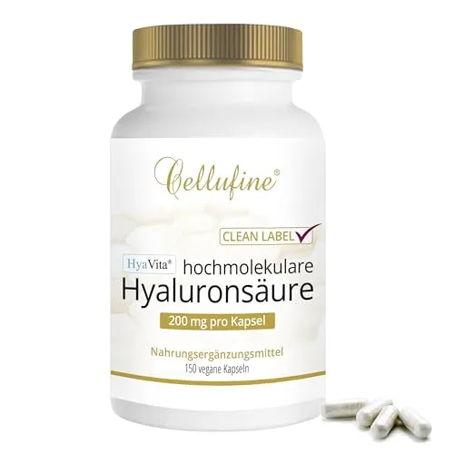 Cellufine® HyaVita Hyaluronsäure 150 Kapseln – Hochdosiert & Vegan - Hyaluronsäure zur Unterstützung von Hautelastizität und Gelenkgesundheit. Hochmolekular, glutenfrei und aus Biofermentation – ideal für vegane Ernährung.