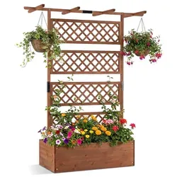 COSTWAY Blumenkasten mit Rankgitter und Sichtschutz – Tannenholz, 100x55x183cm, Braun