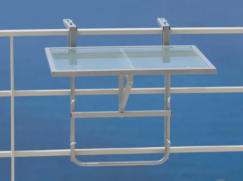 MERXX Balkonhängetisch - Praktischer klappbarer Tisch für Balkon und Terrasse, aus robustem Sicherheitsglas und Stahl, ideal für entspannte Stunden im Freien.