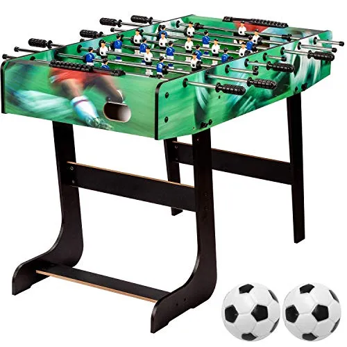 GAMES PLANET Tischfussball „Belfast“, klappbar, Farbvarianten: Schwarz/weiß/Holzdekor hell oder Dunkelbraun/Soccer, nahtlos hochgezogene Spielfeldecken, inkl. 2 Bälle, Kicker Kickertisch Tischkicker