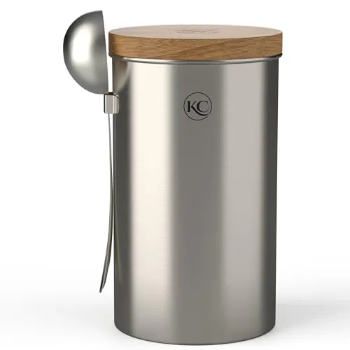KC Kitchen & Co. Kaffeedose mit Löffel für 250 Gramm Kaffeebohnen, Tee, Zucker, Gewürze (Silber, 700 ml) mit Luftdichtem Akaziendeckel