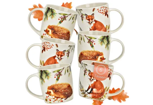 matches21 HOME & HOBBY Tasse Herbst Tassen 6er Set Fuchs & Igel, 350 ml Kaffeetasse aus Porzellan, 6-tlg., Porzellan, Spülmaschinenfeste & Mikrowellengeeignete Teetasse