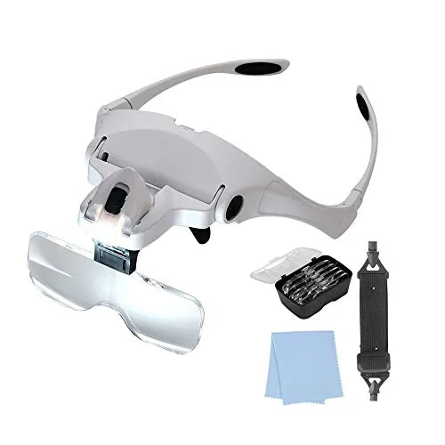 LE035 Brille mit Beleuchtung, Lupe und Dioptrien - Lupenbrille mit 5 austauschbaren Linsen und 2 integrierten LED-Leuchten, ideal für präzise Detailarbeiten und bequem über Sehhilfen tragbar.