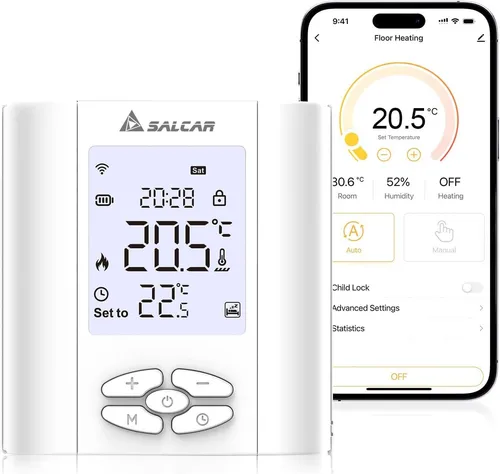 SALCAR Smart Thermostat T5W - WLAN Heizungssteuerung - Kehrer: Programmierbarer Wandthermostat mit Tuya-App, Luftfeuchtigkeitssensor und Fernbedienung für optimale Heizungssteuerung und Energieeinsparung.