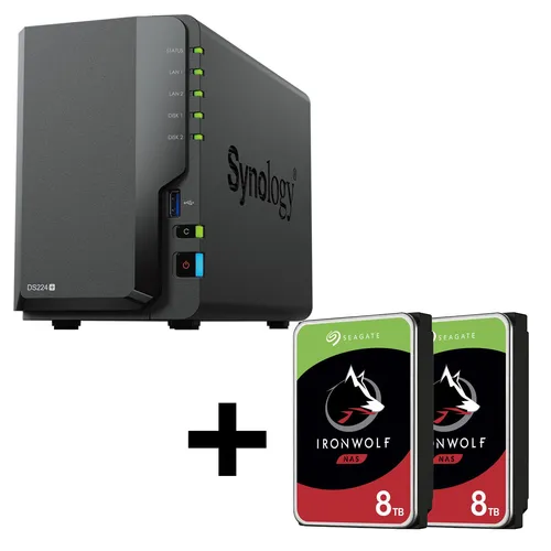 Synology DiskStation DS224+ NAS-Server mit 16TB Seagate Ironwolf Festplatten - NAS-Server mit 2 Einschüben, ideal für Datenmanagement und Backup-Lösungen, inklusive 16TB Speicherkapazität mit zuverlässigen Seagate Ironwolf HDDs.