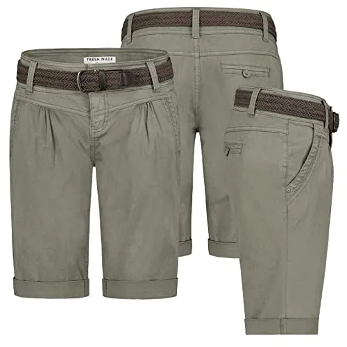 FRESH MADE Damen Short Bermuda Kurze Hose Sommer Chino Stoff Hose mit Gürtel Neu, Hosengröße:XS / 34, Farbe:Olive