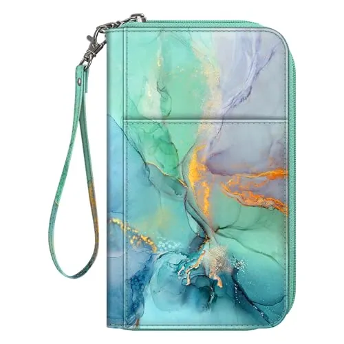 FINTIE Reisepass Tasche Familie Reiseorganizer, Wasserdicht Reisepasshülle Ausweistasche Dokumentee mit RFID Blockier für Damen und Herren (Smaragd-Marmor)
