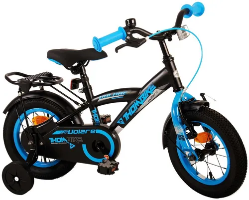 TPFSports Thombike Kinderfahrrad - 12 Zoll für Jungen mit Rücktritt- und Handbremse - Kinderfahrrad 12 Zoll mit Stützrädern, ideal für kleine Abenteurer. Robustes Design in Schwarz/Blau sorgt für Sicherheit und Spaß beim Fahren.