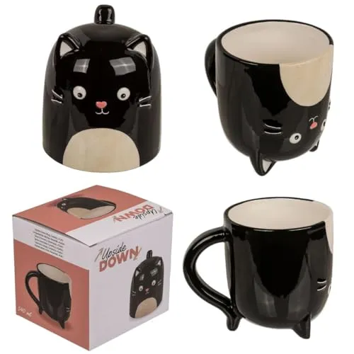 Kaffeetasse Katze ca. 12 x 14 cm drehbar 540ml Kopfüber Tasse Schwarz Kätzchen