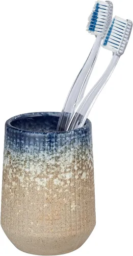 WENKO Zahnputzbecher Palace Keramik Zahnbürstenhalter Beige-Blau 7.5 x 10.5 cm