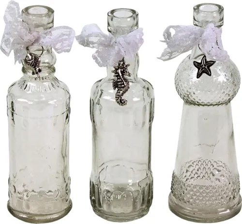 3er Set Glas Flaschen H=17 cm maritim silber Anhänger Vasen Spitzenband Deko