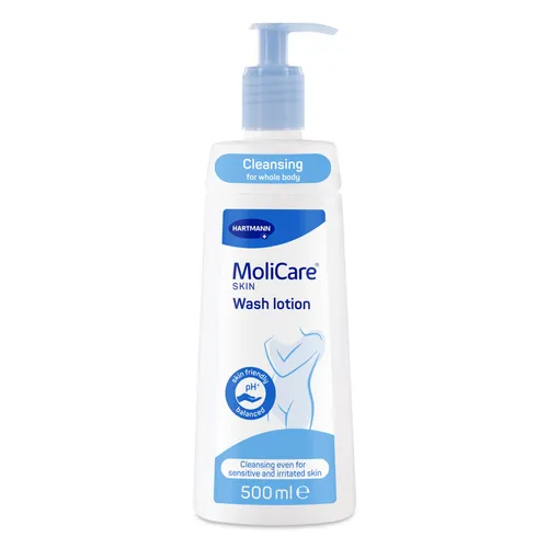 MoliCare Skin Waschlotion 500 ml - Arzneimittel für empfindliche Haut, sanfte Reinigung mit Panthenol und Mandelöl, pH-hautneutral und geruchsneutralisierend für mehr Wohlbefinden.
