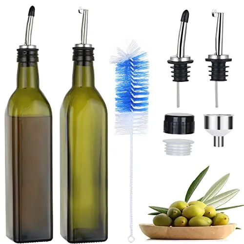 HOTOOLME 2PCS Olivenöl Flasche 500ML Ölflasche mit Ausgießer, Bürste, Oil Dispenser, ölflasche glas zum befüllen Anti-Schmutz Verschluss Auslaufsicher und Tropffrei zum Kochen, Salat
