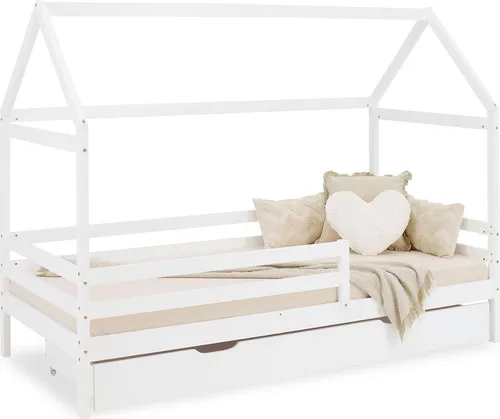 Homestyle4u 2522 Kinderbett Weiß 90x200cm - Skandinavisches Hausbett für Kinder mit Rausfallschutz und großem Bettkasten für Spielzeug. Individuell gestaltbar und aus massivem Kiefernholz für Sicherheit und Stabilität.