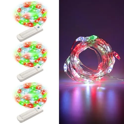 ANGMLN 3 Stück Lichterkette Weihnachten Batterie mit Timer, 2.5M 50 LED Rot Grün Weiß Innen Lichterketten Kupferdraht, Wasserdicht Weihnachtliche Lichterkette für Zimmer Garten Krüge Außen Dekoration