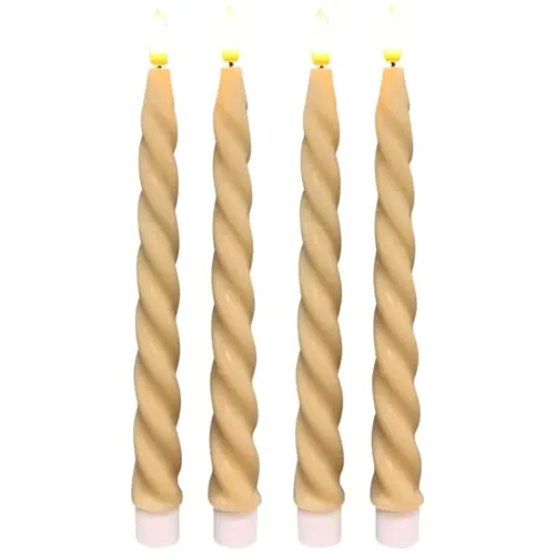 LED Stabkerzen Beige im 4er Set, in Ø 2,2 x 22 cm gedreht - Echtwachskerze mit Timerfunktion
