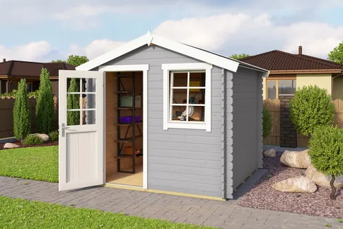 Gartenhaus Blockhaus Satteldach 28 mm Wels 2 grau - Gartenhaus aus 28 mm starkem Holz mit abschließbarer Tür und echtem Glasfenster. Ideal für Gartenlagerung oder als Rückzugsort, mit einer Nutzfläche von 5.04 m².