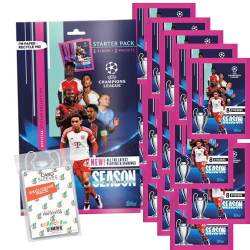 Bundle mit Topps - Champions League 2023/24 - Sammelsticker - 1 Starterpack + 20 Tüten + Exklusive Collect-it Hüllen