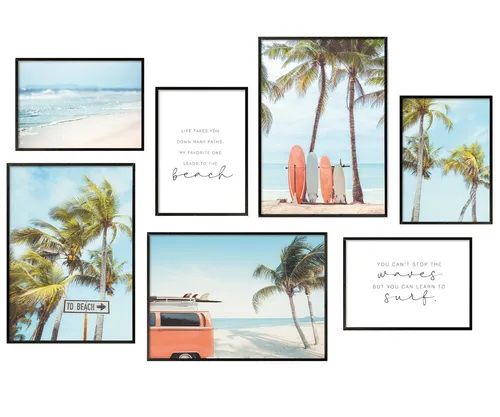 Hyggelig Home Poster Beach Vibes, Premium Poster Set OHNE & MIT Rahmen - Wandbilder Surfing, Strand (Set, 7 St), Collage Palmen, Qualitätsdruck auf dickem Papier