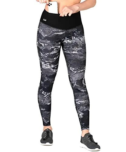 Formbelt Damen Sportlgeggin mit Taschen lang - high Waist Leggins hoher Bund Sporthose Hüfttasche für Smartphone iPhone Handy (Marmor, S)